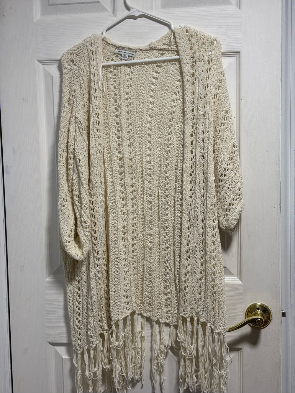 American Eagle Outfitters Cream Open-Knit Fringe Kimono Cardigan